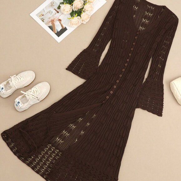 Brown Casual Women's Long Sleeve Button Elegant Crochet caridgan - Picture 7 of 8